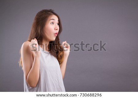 excited happy girl woman expression, amazed woman, surprised asian woman looking, casual girl portrait studio white background isolated, excited happy people concept, beautiful girl asian woman model