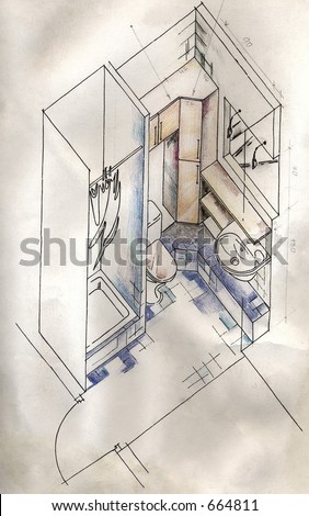 Architectural drawing. Small bathroom. Scan of original design - stock ...