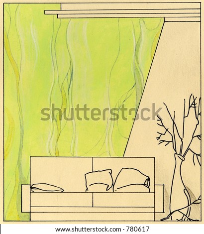 Room in green color. Drawing. Scan of original design