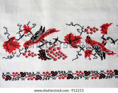 Cross-stitch. Traditional black and red ukrainian design, birds and berries. (I\'m creator)