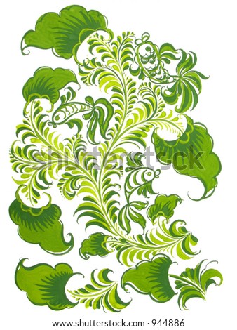 Russian folk design with fish in green color. Scan of original design (I\'m creator)