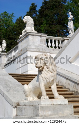 Stairs with classical marble statues in terraced garden. Archangelskoe estate, Moscow, Russia