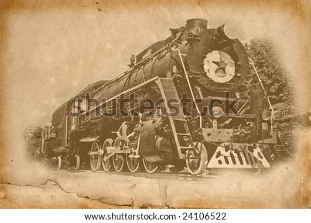 Steam locomotive. Vintage image effect using old torn paper