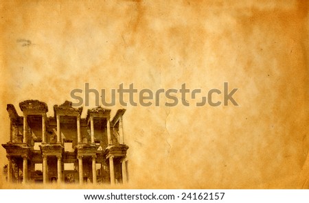 Archaeological background. Old paper and image of Library of Celsus in Ephesus, Turkey