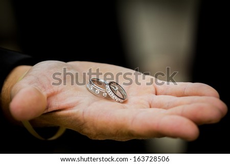 Beautiful set of wedding rings behind held by a groomsmen\'s hand.