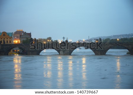 PRAGUE - JUNE 2: The Czech Capital - Prague is on high alert as a swell of floodwater moves in from the south. Charles Bridge is closed by police on June 2, 2013 in Prague, Czech Republic.