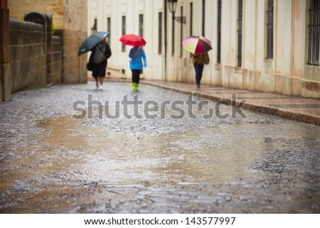 City street in heavy rain - selective focus