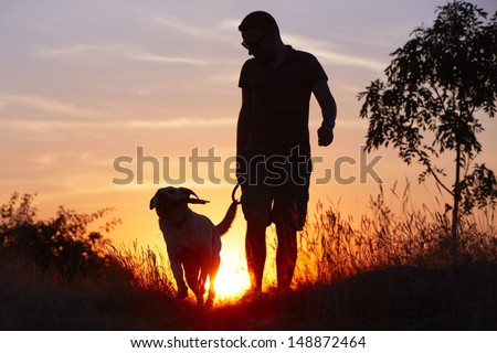 Young Man With His Yellow Labrador Retriever In Nature - Back Lit