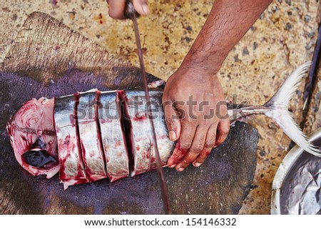 Cutting of the fish on the traditional fish market in Sri Lanka