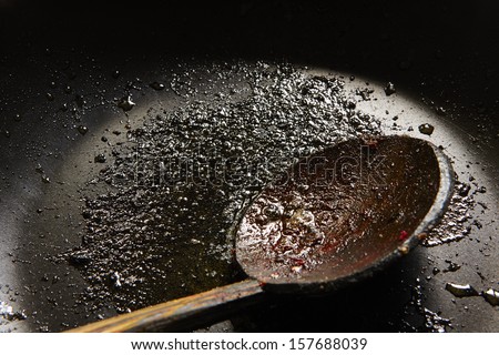 Dirty pan after cooking - copy space - selective focus