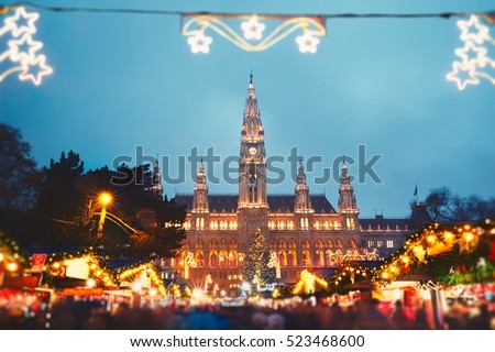 Rathaus (city hall) and christmas market in Vienna, Austria - tilt shift