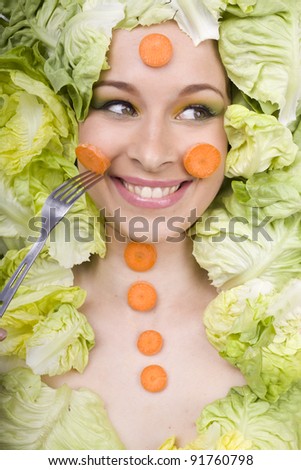 expression portrait of a young girl, with foods in face