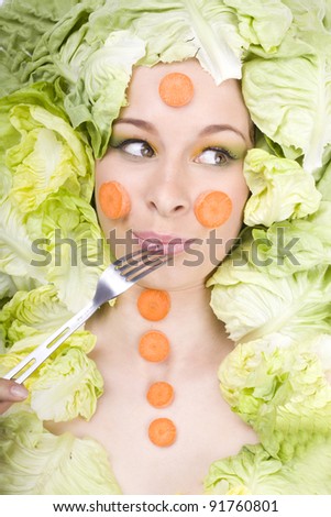 expression portrait of a young girl, with foods in face