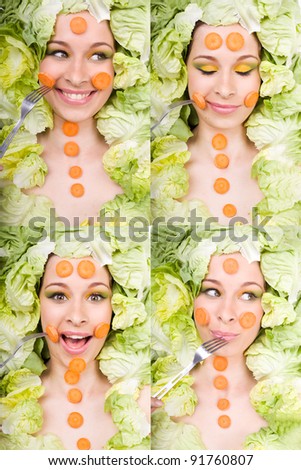 Set expression portraits of a young girl, with foods in face