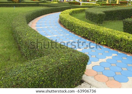 Lawn and concrete walkway.