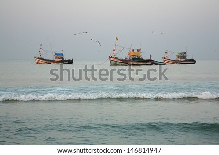 Ocean background, fishing boats, India