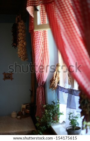 European house interior, window curtains