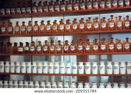 View of shelves with medicines in a row