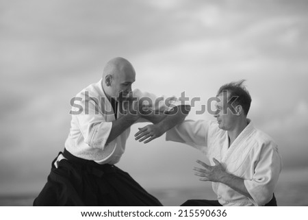 Martial arts masters demonstrating technique outside, monochrome