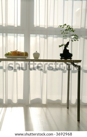 table with fruit plate and bonsai tree in light, sunny room with large window