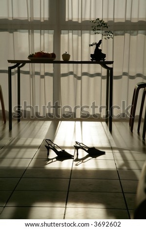 silhouette of shoes on a tile floor in empty dining room at night