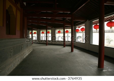 palace corridor with red lanterns