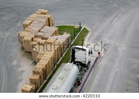 view of truck and wooden crates from top