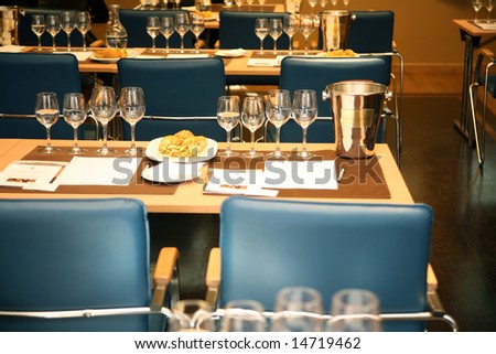 served tables for seminar in the restaurant of hotel