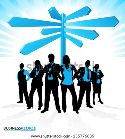 Business Team Signpost. Illustration Of A Group Of Male And Female Business People In A Dynamic Pose Depicted As Silhouettes Standing In Front Of A Career Signpost.