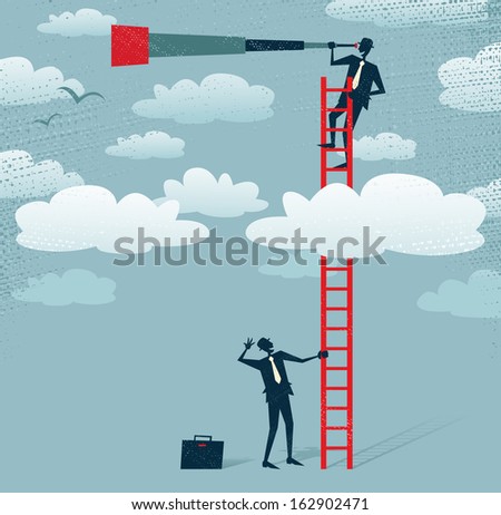 Abstract Businessman gets a better view. Great illustration of Retro styled Businessman climbing above the clouds to get a better view of the landscape than his competitors. - stock vector