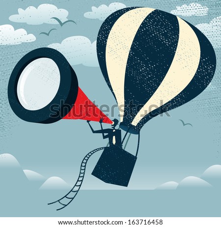 Abstract Businessman gets the best View of all Time. illustration of Retro styled Businessman with the fantastic idea to use his gigantic telescope in a Hot Air Balloon to get an edge on his rivals.