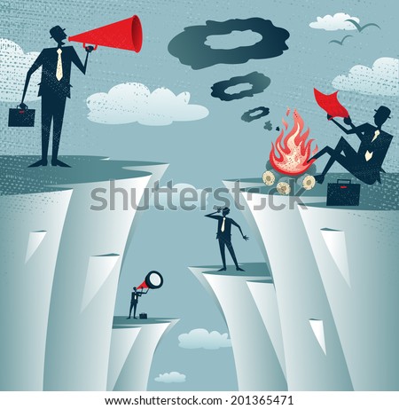 Great illustration of Retro styled Businessmen desperately trying to communicate with each other through various methods but ultimately failing in their efforts. - stock vector