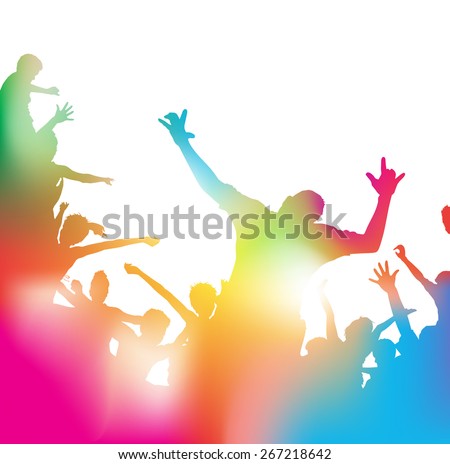Colorful abstract illustration of a Young People dancing and Leaping through a haze of musical notes and summer blurs.
