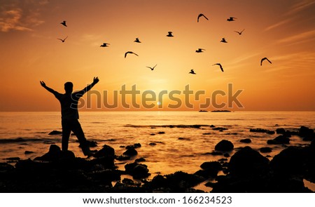 Man feeling freedom on beach during sunrise, birds flying around