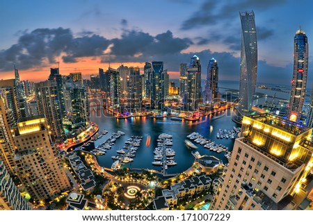DUBAI UAE JANUARY 10 Beautiful aerial view of Dubai Marina just after the sunset in Dubai January 10 2014 DUBAI UAE JANUARY 10 Beautiful aerial view of Dubai Marina just after the sunset in Dubai January 10 2014