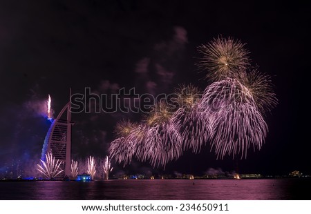 DUBAI, UAE - DECEMBER 1: UAE National Day-2014 celebration with fireworks in Burj Al Arab on December 1,2014 in Dubai, UAE