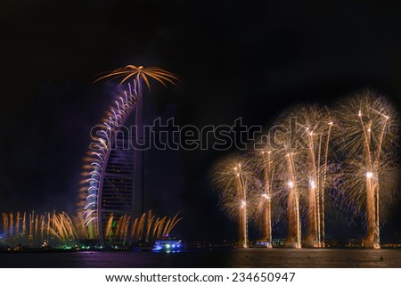 DUBAI, UAE - DECEMBER 1: UAE National Day-2014 celebration with fireworks in Burj Al Arab on December 1,2014 in Dubai, UAE