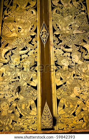 Thai traditional style door painting, coated with real gold plate