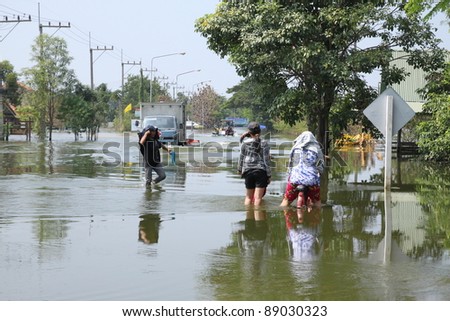 AYUTTHAYA, THAILAND - OCTOBER 24: Heavy flooding from monsoon rain in Ayutthaya and north Thailand arriving in Ayutthaya suburbs on October 24, 2011 in Ayutthaya, Thailand.