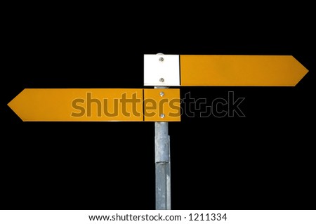 Two yellow pointers on a signpost, pointing directly to right and left, isolated on a black background. Clipping path included.