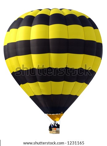 A yellow and black hot-air balloon, with passengers in the basket, against a white background.