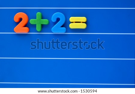 A sum, from a child\'s toy number set, placed on a blue, lined background. Answer left blank. Space for text elsewhere in the image.