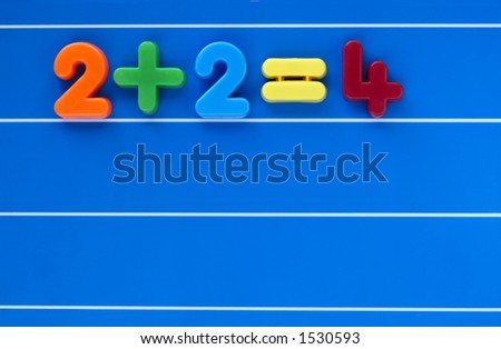 A simple sum, from a child\'s toy number set, placed on a blue, lined background. Space for text elsewhere in the image.
