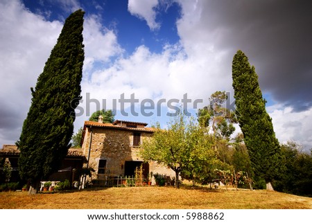 Italian villa with Cypress Trees on each side