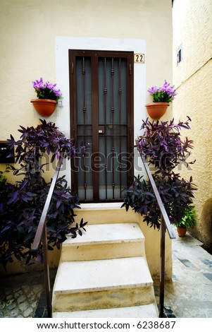 Very pretty flower-lined stairway leading up to old Italian house