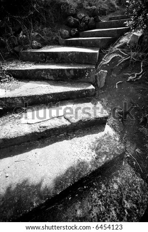 Old black and white steps leading up an old path