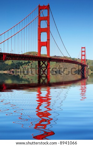 Golden Gate bridge San Francisco reflected in the beautiful still harbor on a perfect day