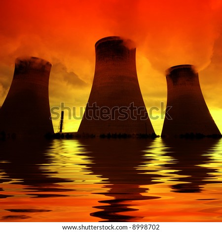 Global warming - The tide is rising on a power plant at sunset...