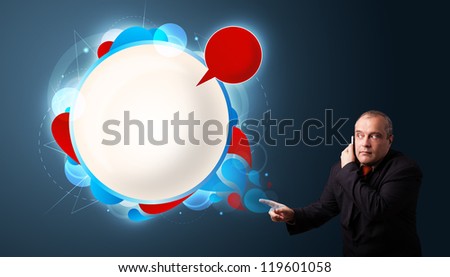 businessman in suit making phone call and presenting abstract modern speech bubble with copy space