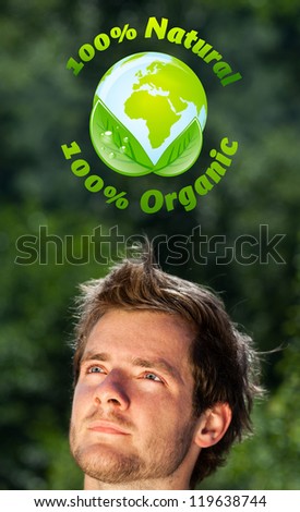 Young person head looking at green eco sign